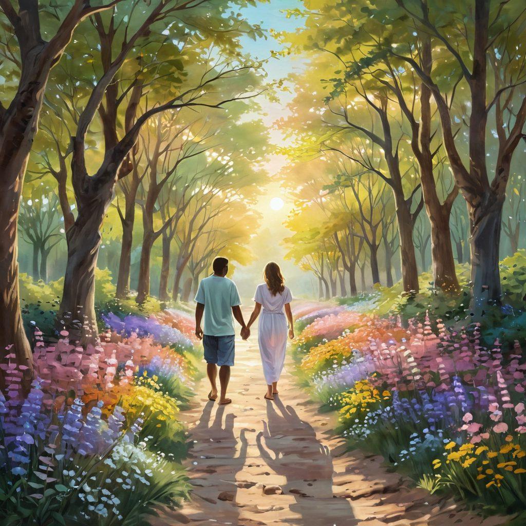 A serene pathway adorned with blooming flowers, representing healing and empowerment, leading towards a glowing horizon. Include diverse individuals walking hand in hand, symbolizing advocacy and support, with a warm and inviting atmosphere. Soft sunlight filtering through trees to enhance the sense of hope. pastel colors. tranquil scenery. painting.