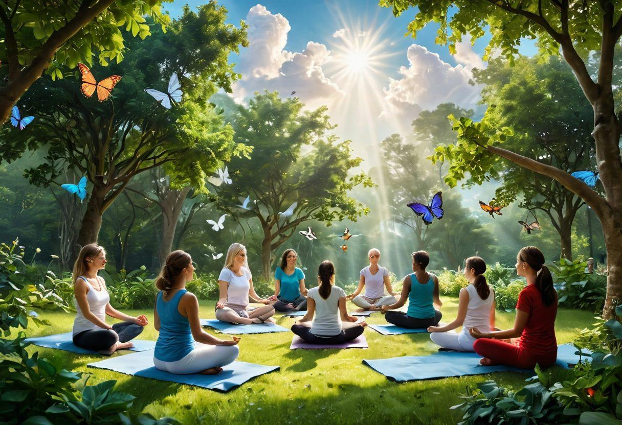 A serene landscape depicting a diverse group of patients engaging in supportive activities, such as group discussions, yoga, and art therapy, surrounded by lush greenery symbolizing hope and healing. Incorporate empowering symbols like butterflies and light rays breaking through clouds to represent transformation and support. The setting should evoke a sense of community, strength, and resilience against cancer. super-realistic. vibrant colors. soft focus.