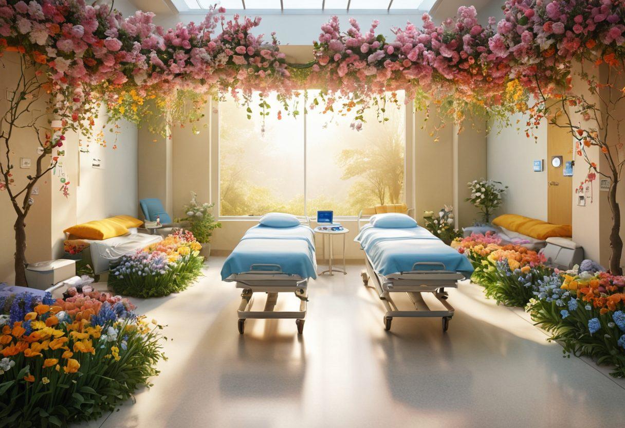 A visually striking representation of a journey through oncology care, showcasing a healing path from diagnosis to recovery. Include a diverse group of patients receiving support from healthcare professionals, surrounded by symbols of hope like blooming flowers and light rays. Display soothing colors that evoke calmness and trust. The setting should blend a hospital with elements of nature for a holistic feel. super-realistic. vibrant colors. 3D.